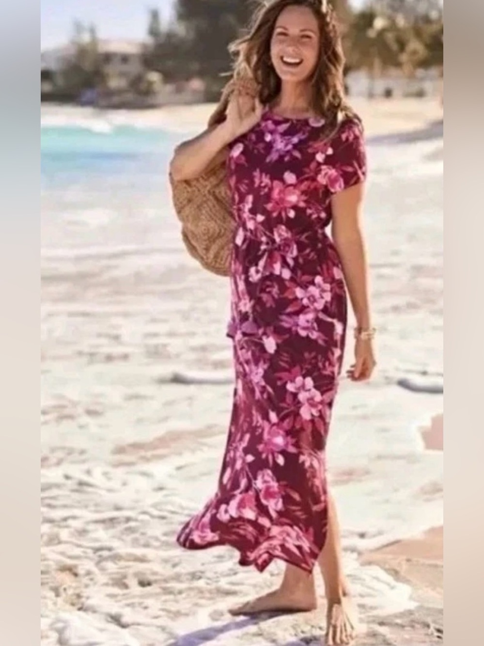 NWT J. Jill Modal Blend Maxi Dress Cranberry Watercolor Floral Sz XS PETITE $119